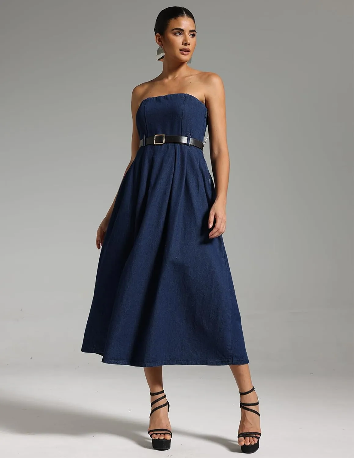 BELLA BARNETT Blue Open Shoulder Denim Midi Dress Wedding Guest Dress for Women Sleeveless Wrap Dress Date Night Dress