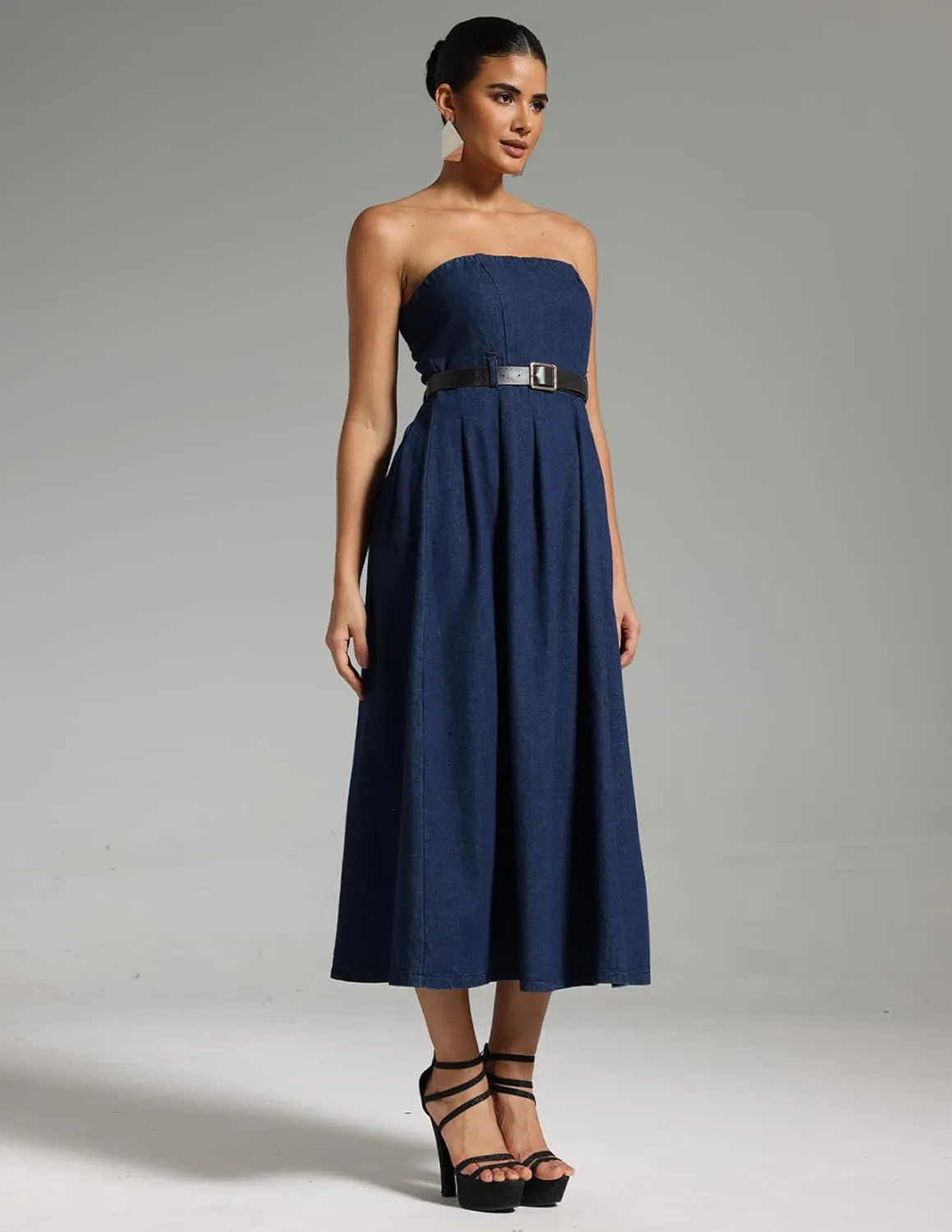 BELLA BARNETT Blue Open Shoulder Denim Midi Dress Wedding Guest Dress for Women Sleeveless Wrap Dress Date Night Dress