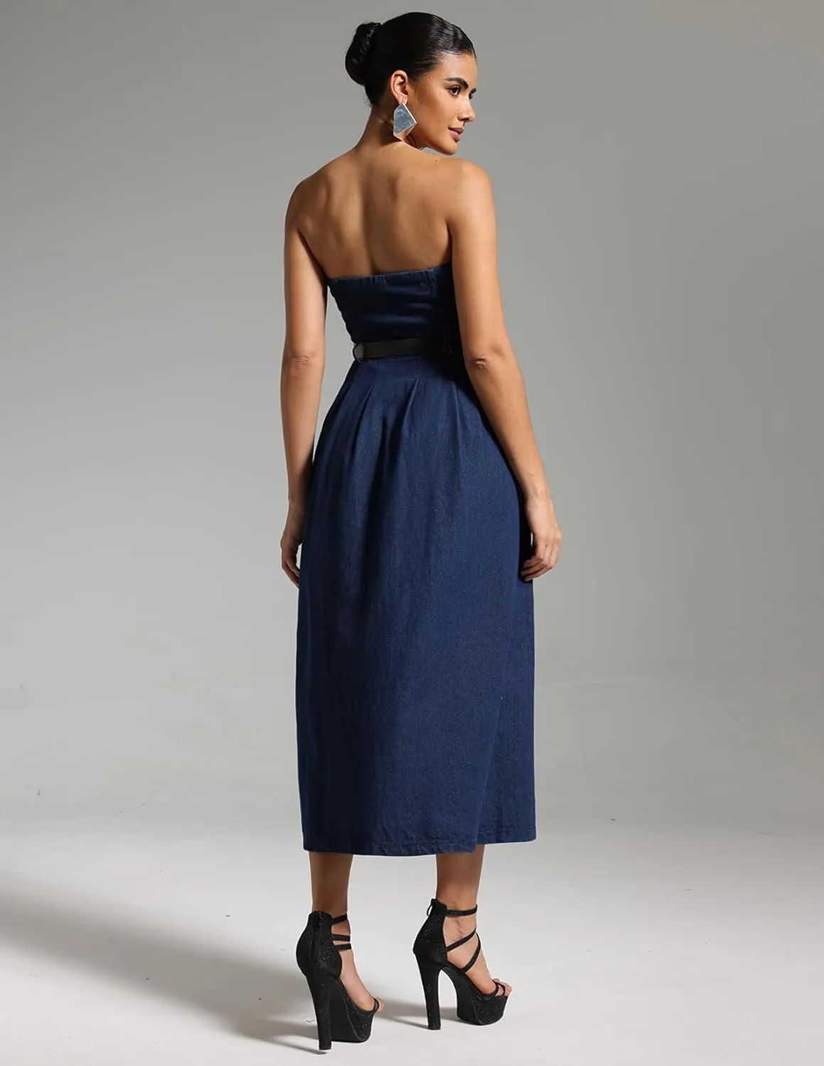 BELLA BARNETT Blue Open Shoulder Denim Midi Dress Wedding Guest Dress for Women Sleeveless Wrap Dress Date Night Dress