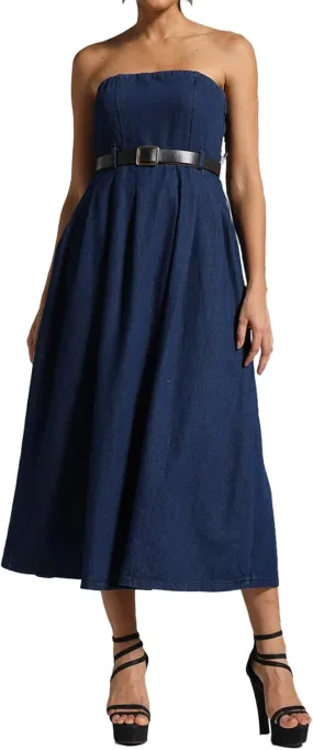 BELLA BARNETT Blue Open Shoulder Denim Midi Dress Wedding Guest Dress for Women Sleeveless Wrap Dress Date Night Dress