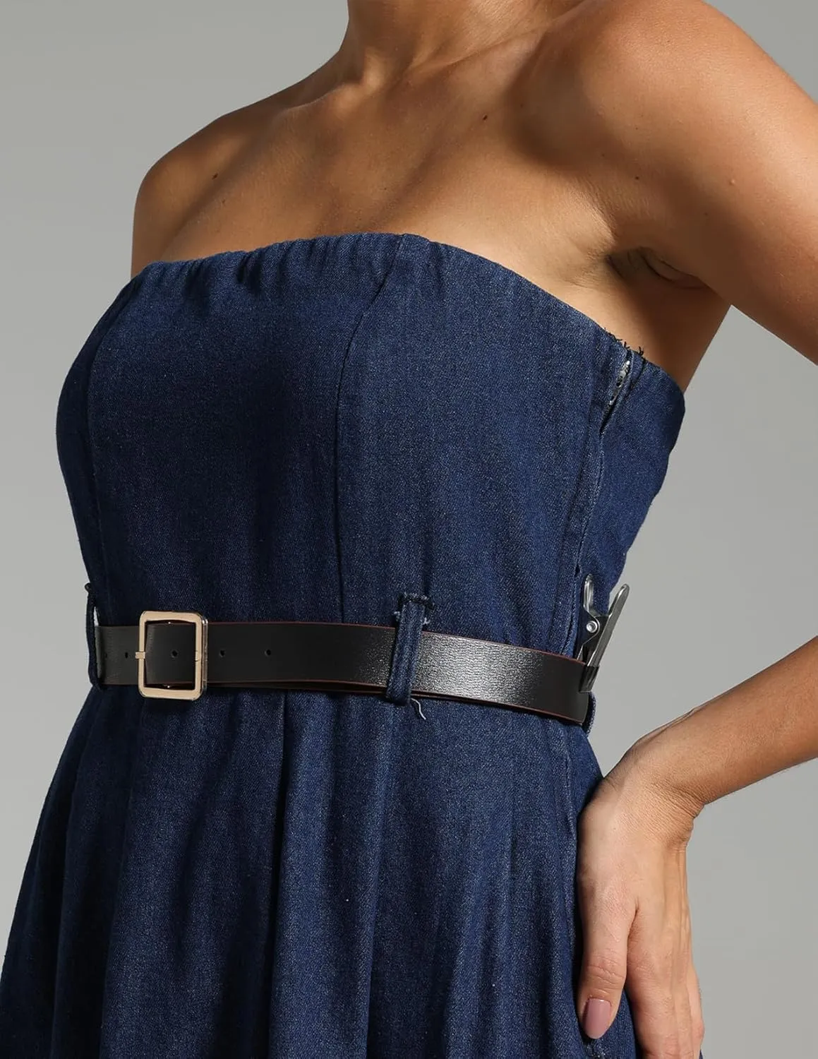 BELLA BARNETT Blue Open Shoulder Denim Midi Dress Wedding Guest Dress for Women Sleeveless Wrap Dress Date Night Dress
