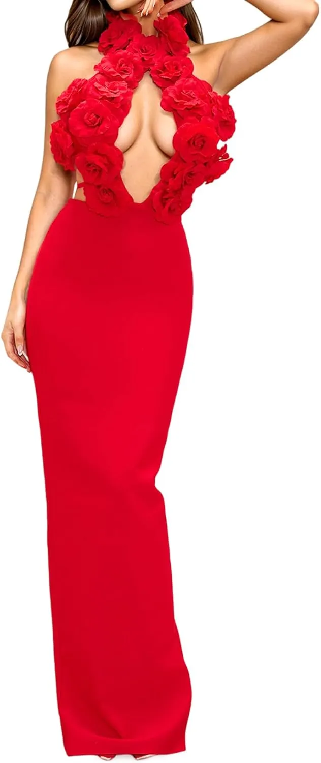 BELLA BARNETT Red Floral Halter Evening Dress Elegant Cut Out Sleeveless Bodycon Dress Sexy