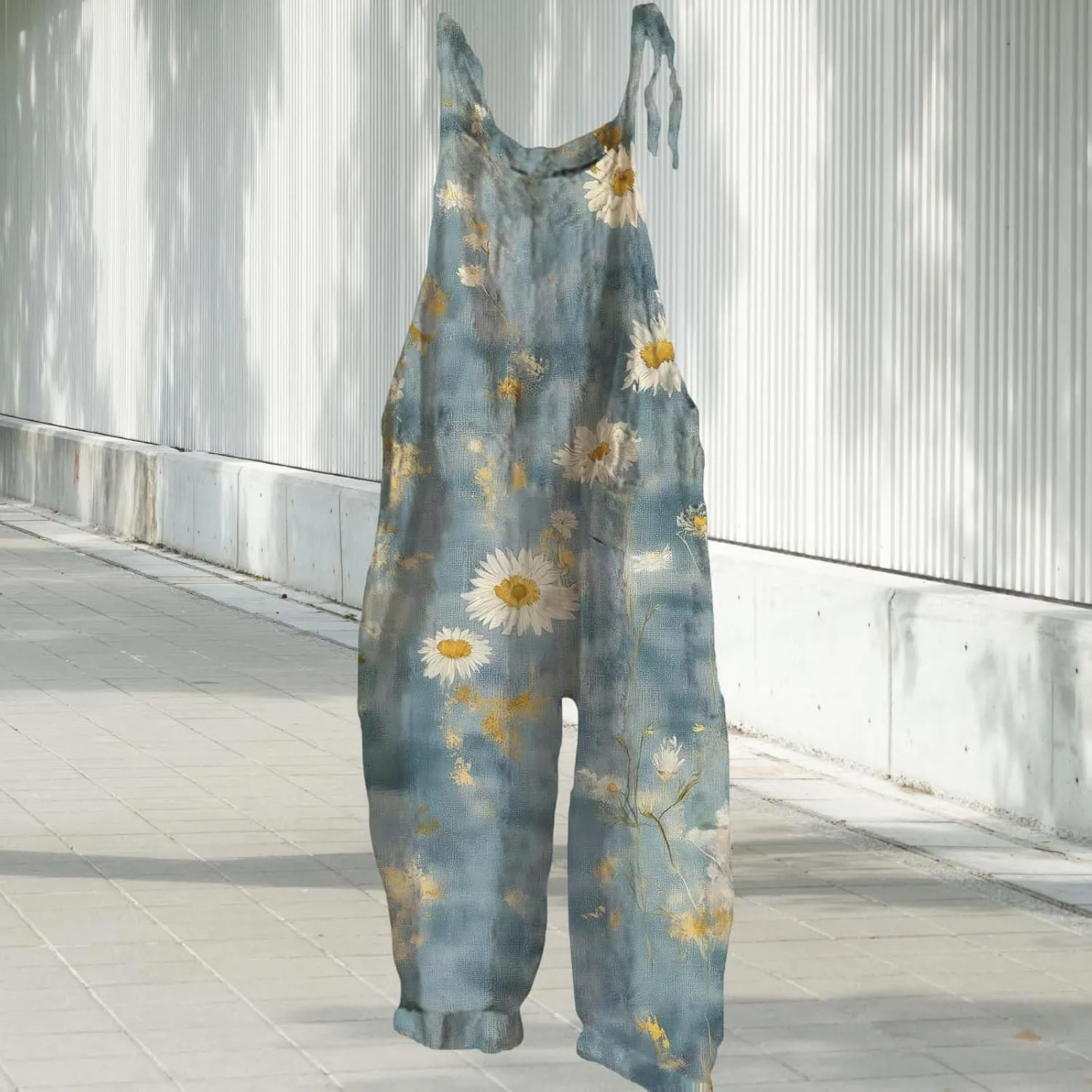 Boho Jumpsuits For Women Cotton Linen Rompers Floral Printed Wide Leg Overall Halter Baggy Comfy Beach Jumpsuit