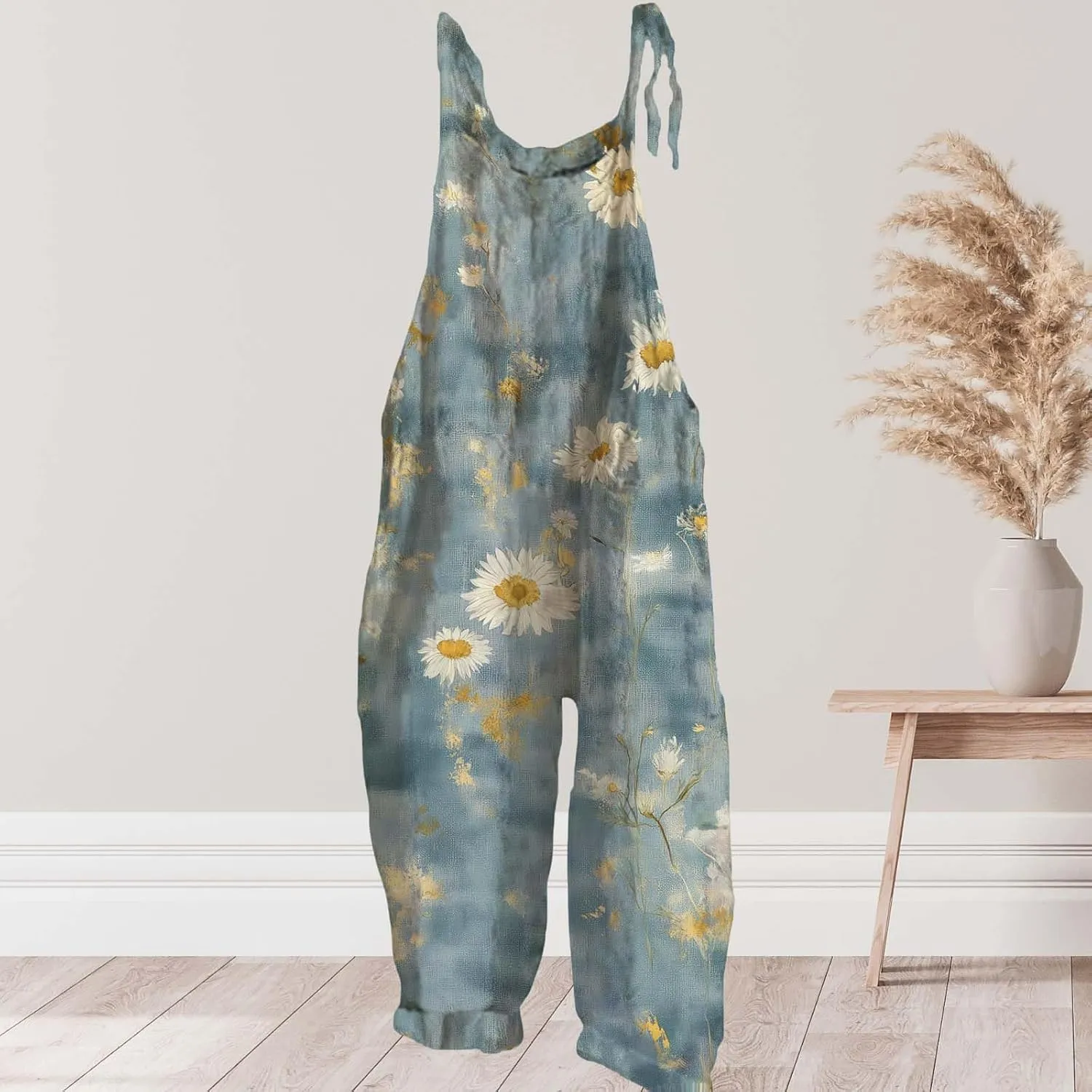Boho Jumpsuits For Women Cotton Linen Rompers Floral Printed Wide Leg Overall Halter Baggy Comfy Beach Jumpsuit