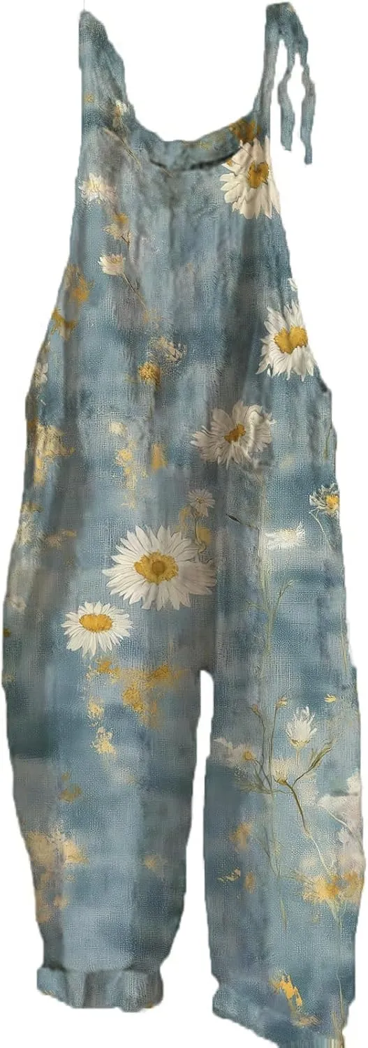 Boho Jumpsuits For Women Cotton Linen Rompers Floral Printed Wide Leg Overall Halter Baggy Comfy Beach Jumpsuit