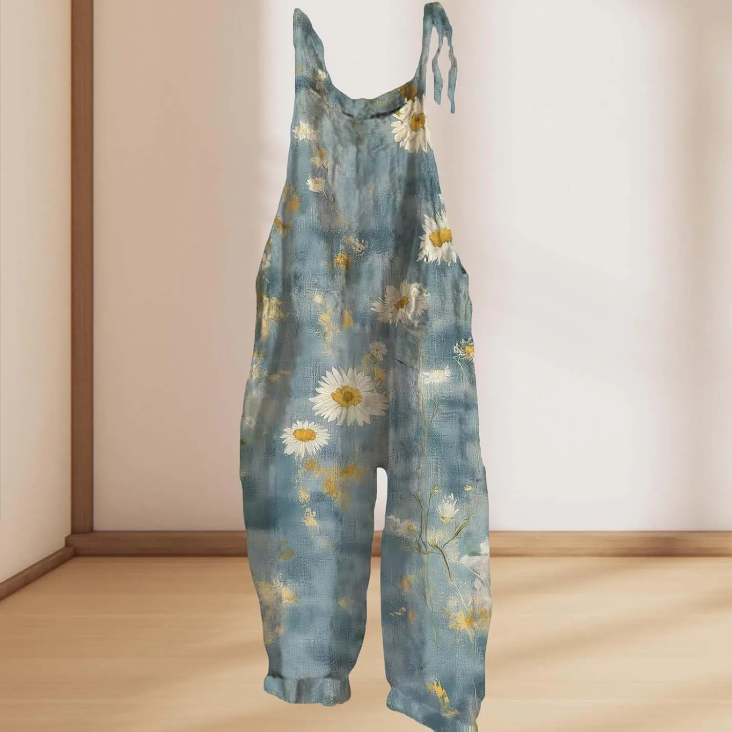 Boho Jumpsuits For Women Cotton Linen Rompers Floral Printed Wide Leg Overall Halter Baggy Comfy Beach Jumpsuit