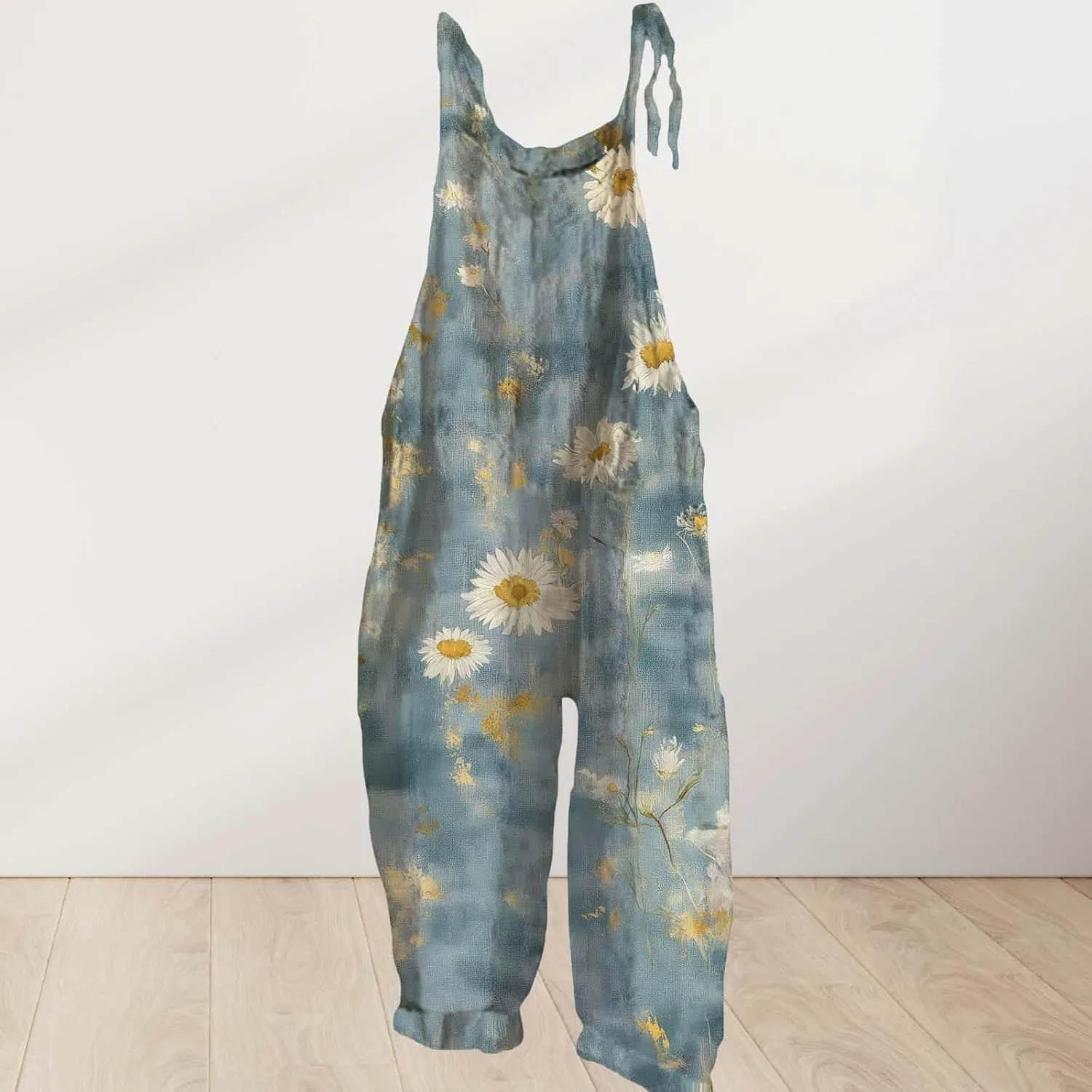 Boho Jumpsuits For Women Cotton Linen Rompers Floral Printed Wide Leg Overall Halter Baggy Comfy Beach Jumpsuit