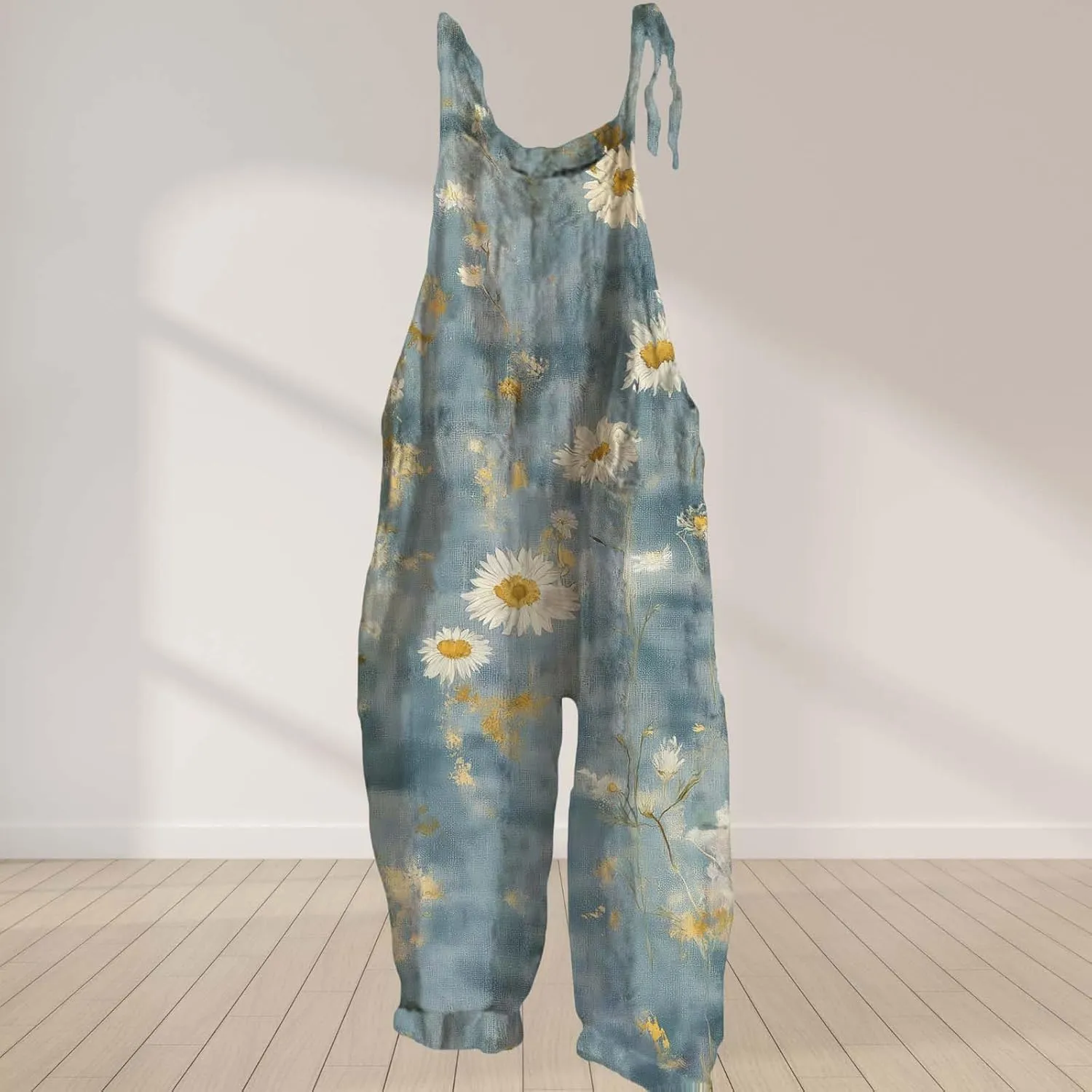 Boho Jumpsuits For Women Cotton Linen Rompers Floral Printed Wide Leg Overall Halter Baggy Comfy Beach Jumpsuit