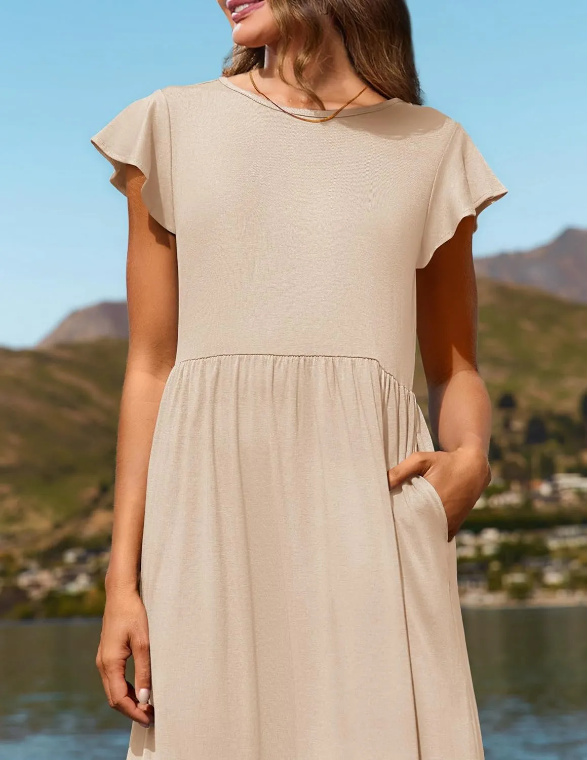 Boho Short Sleeve Dresse for Women Tiered Casual Flowy Long Maxi Dress Loose Fit Maxi Beach Sundress