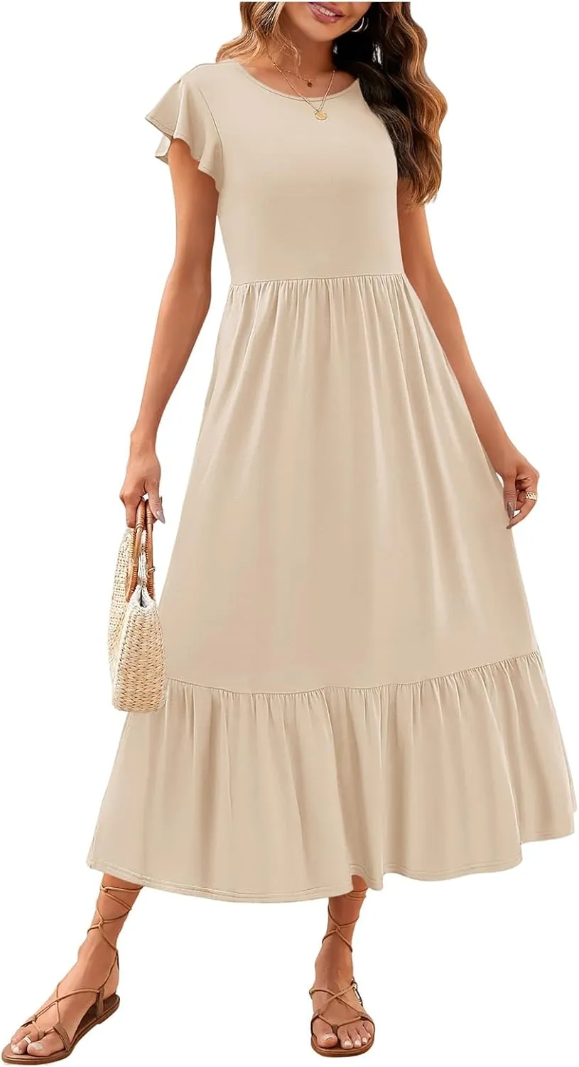 Boho Short Sleeve Dresse for Women Tiered Casual Flowy Long Maxi Dress Loose Fit Maxi Beach Sundress