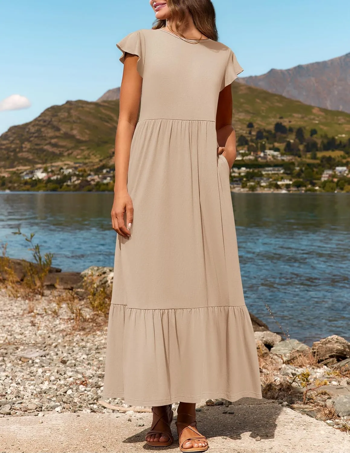 Boho Short Sleeve Dresse for Women Tiered Casual Flowy Long Maxi Dress Loose Fit Maxi Beach Sundress
