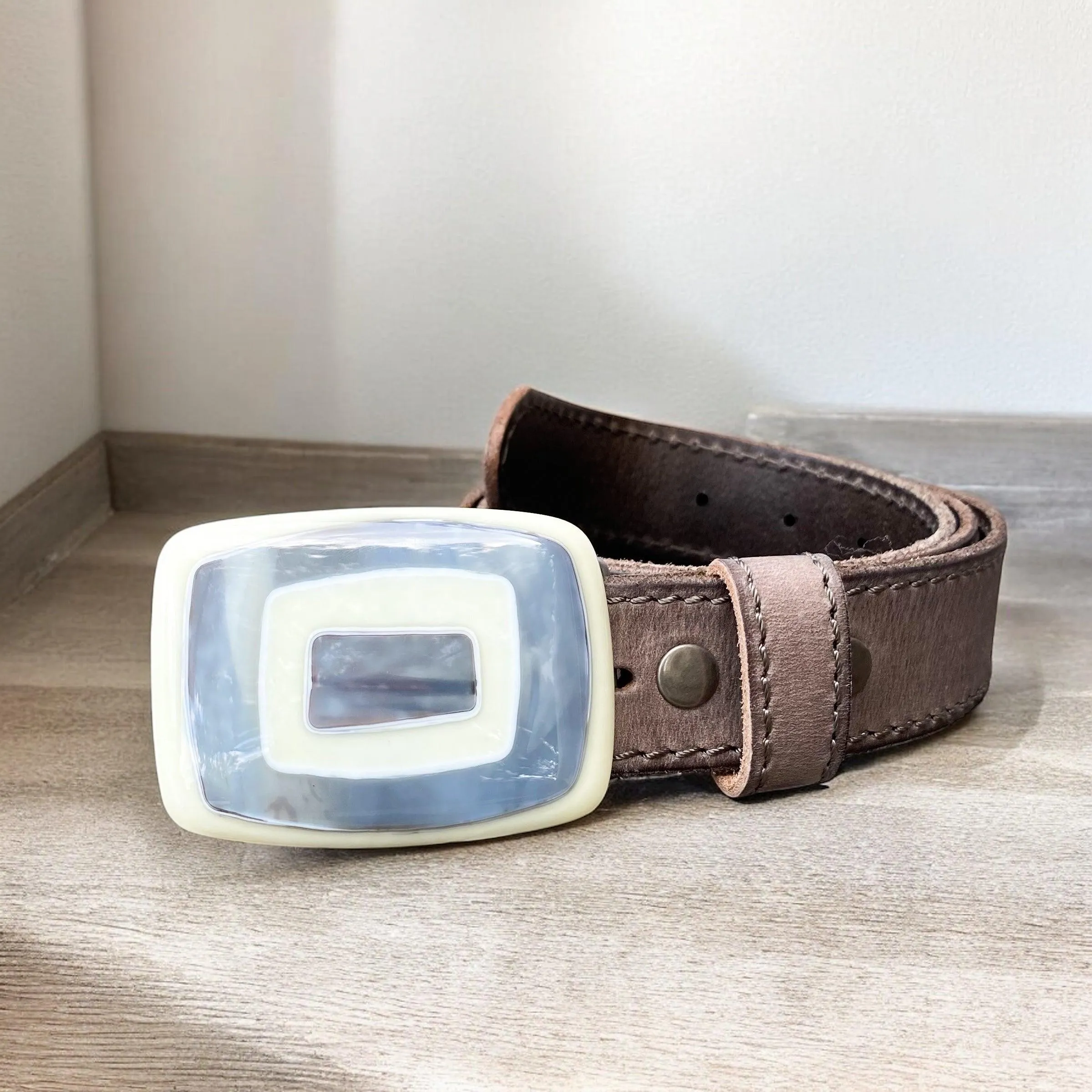 Bold & Colorful Geometric Handblown Glass Buckle Leather Belt
