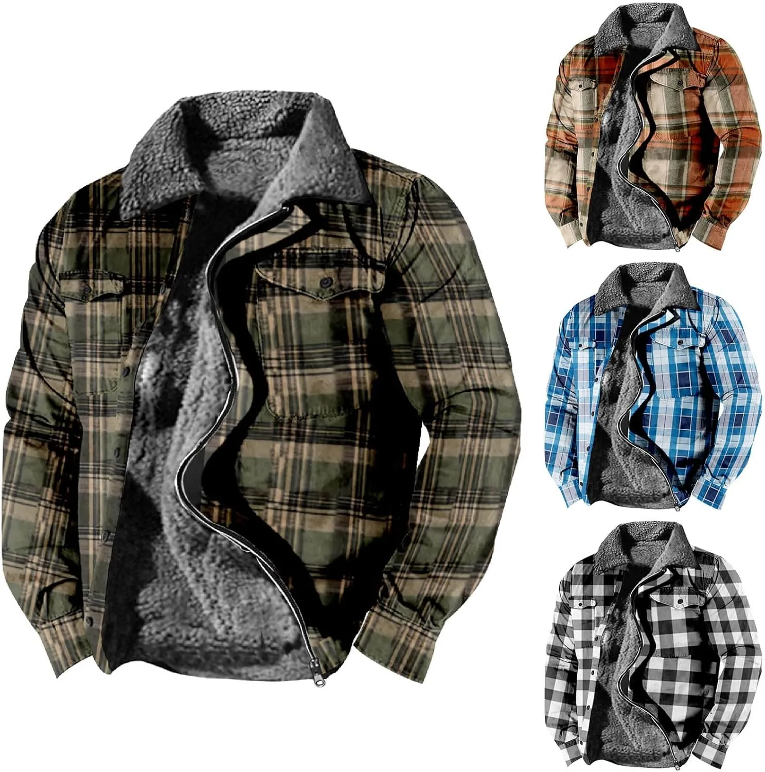 Casual Plaid Sherpa Lined Jackets for Men Fleece Warm Soft Winter Coat Long Sleeve Lapel Jacket Outerwear with Pocket