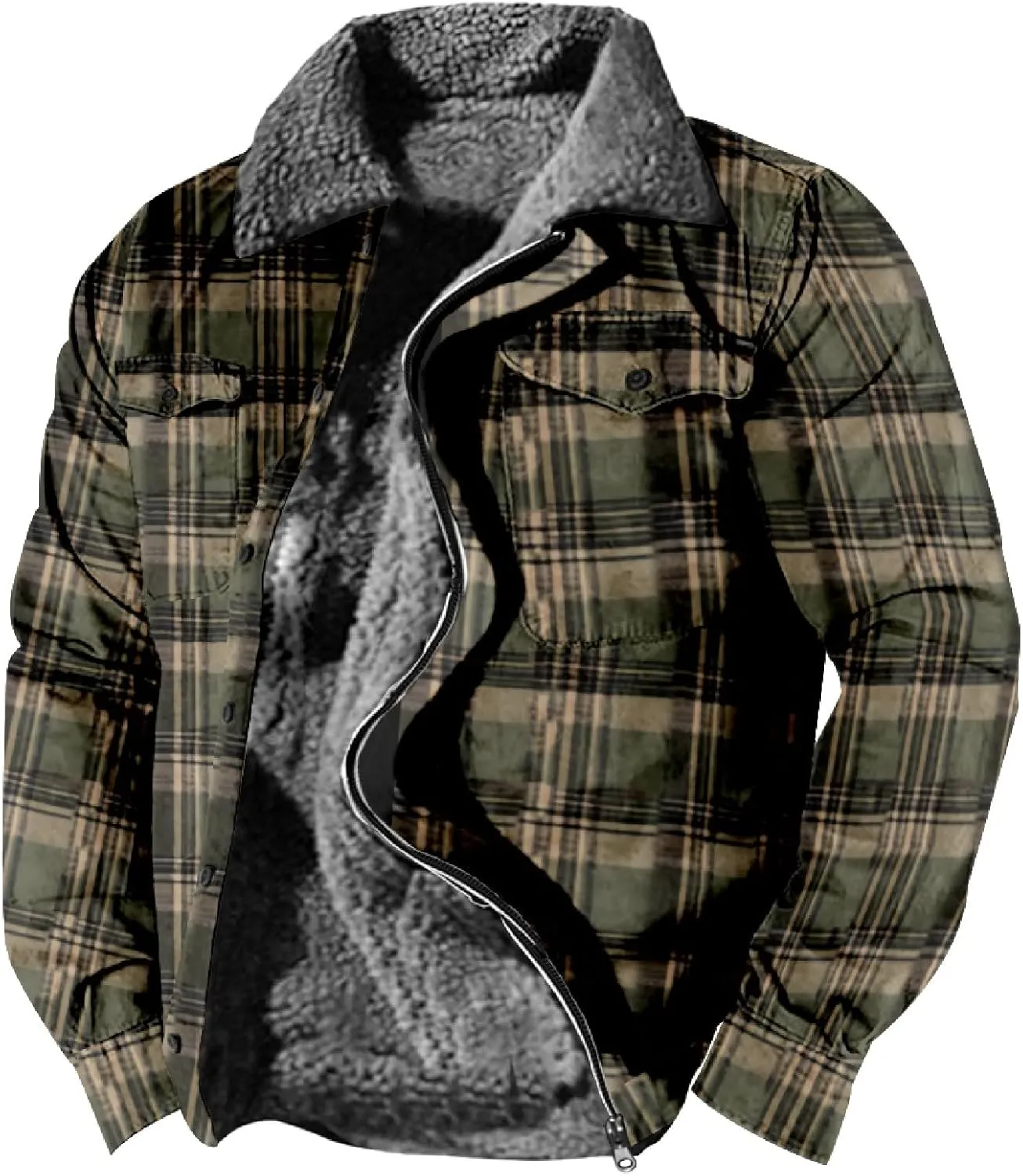 Casual Plaid Sherpa Lined Jackets for Men Fleece Warm Soft Winter Coat Long Sleeve Lapel Jacket Outerwear with Pocket