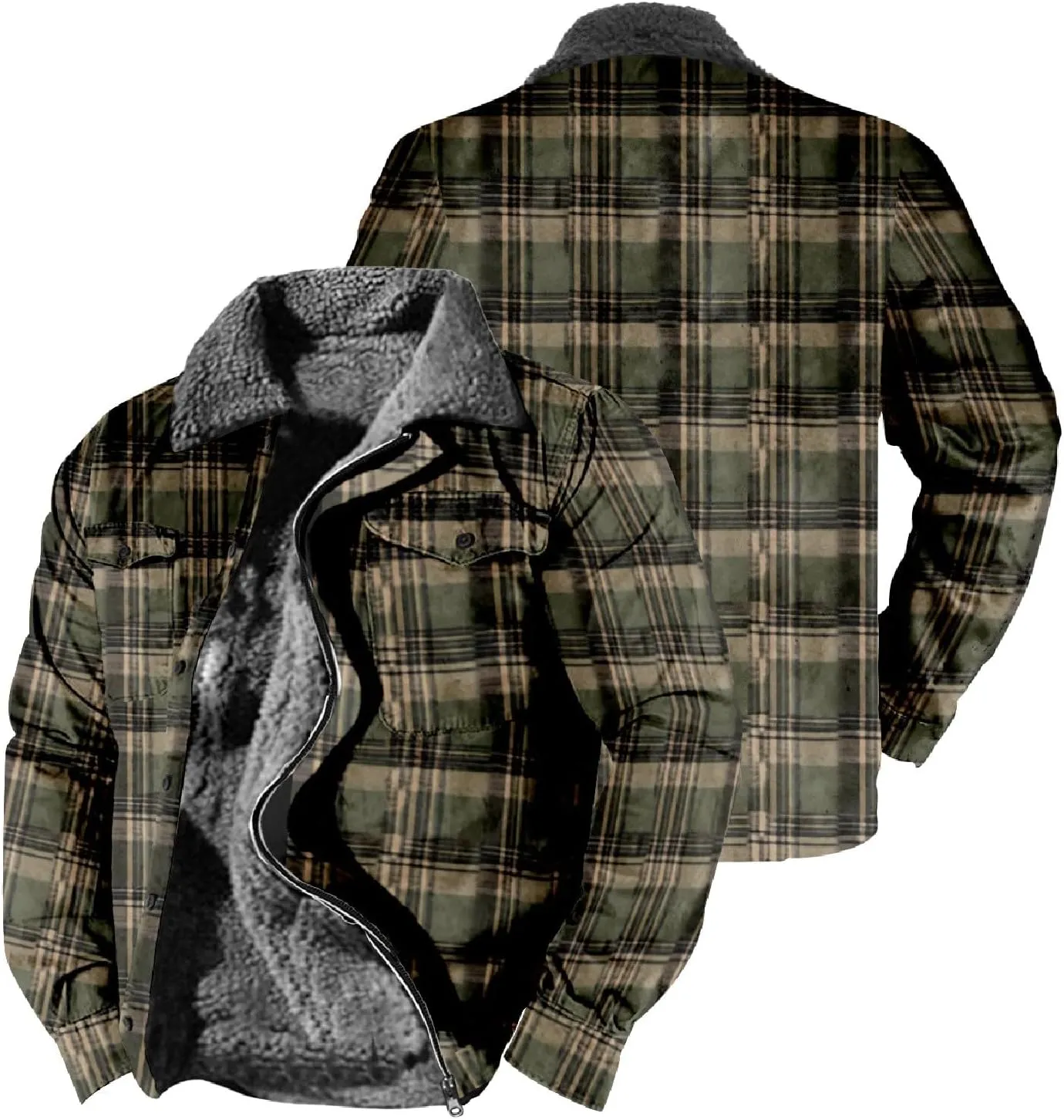 Casual Plaid Sherpa Lined Jackets for Men Fleece Warm Soft Winter Coat Long Sleeve Lapel Jacket Outerwear with Pocket