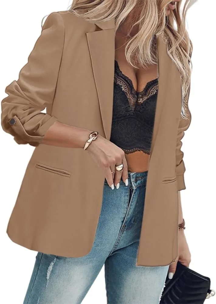 Chic Me Womens Bussiness Casual Blazers Open Front Roll Up Sleeves Fall Blazer 2024