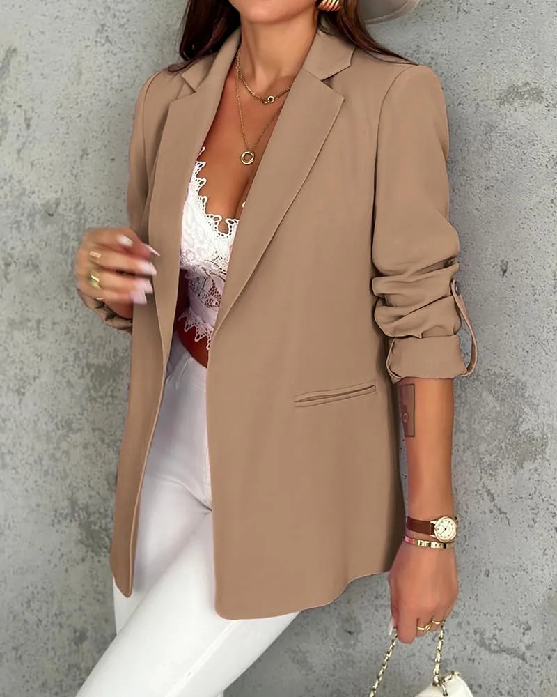 Chic Me Womens Bussiness Casual Blazers Open Front Roll Up Sleeves Fall Blazer 2024