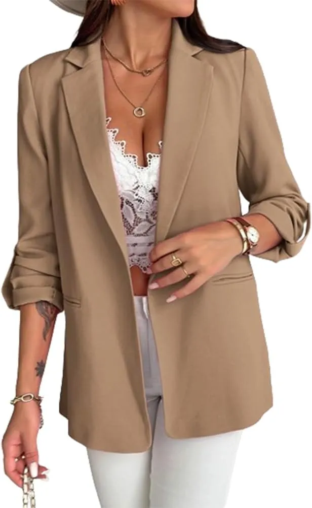 Chic Me Womens Bussiness Casual Blazers Open Front Roll Up Sleeves Fall Blazer 2024