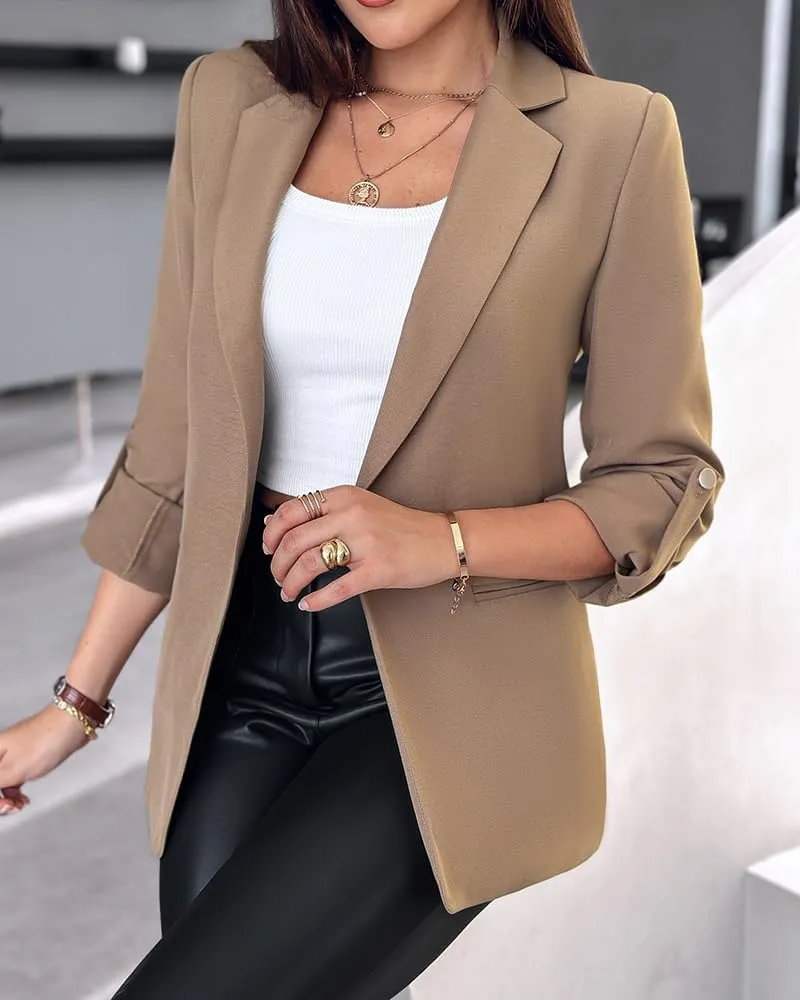 Chic Me Womens Bussiness Casual Blazers Open Front Roll Up Sleeves Fall Blazer 2024