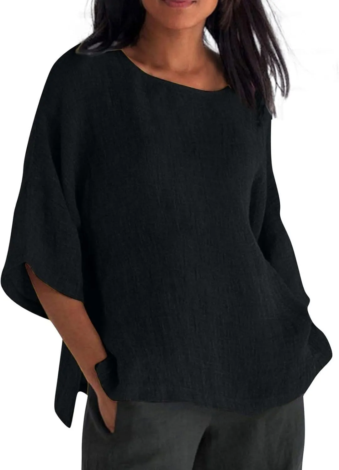 Cotton Linen Shirts for Women Summer Casual Crewneck Pullover Tops Comfy Loose Women's Short Sleeve T Shirt