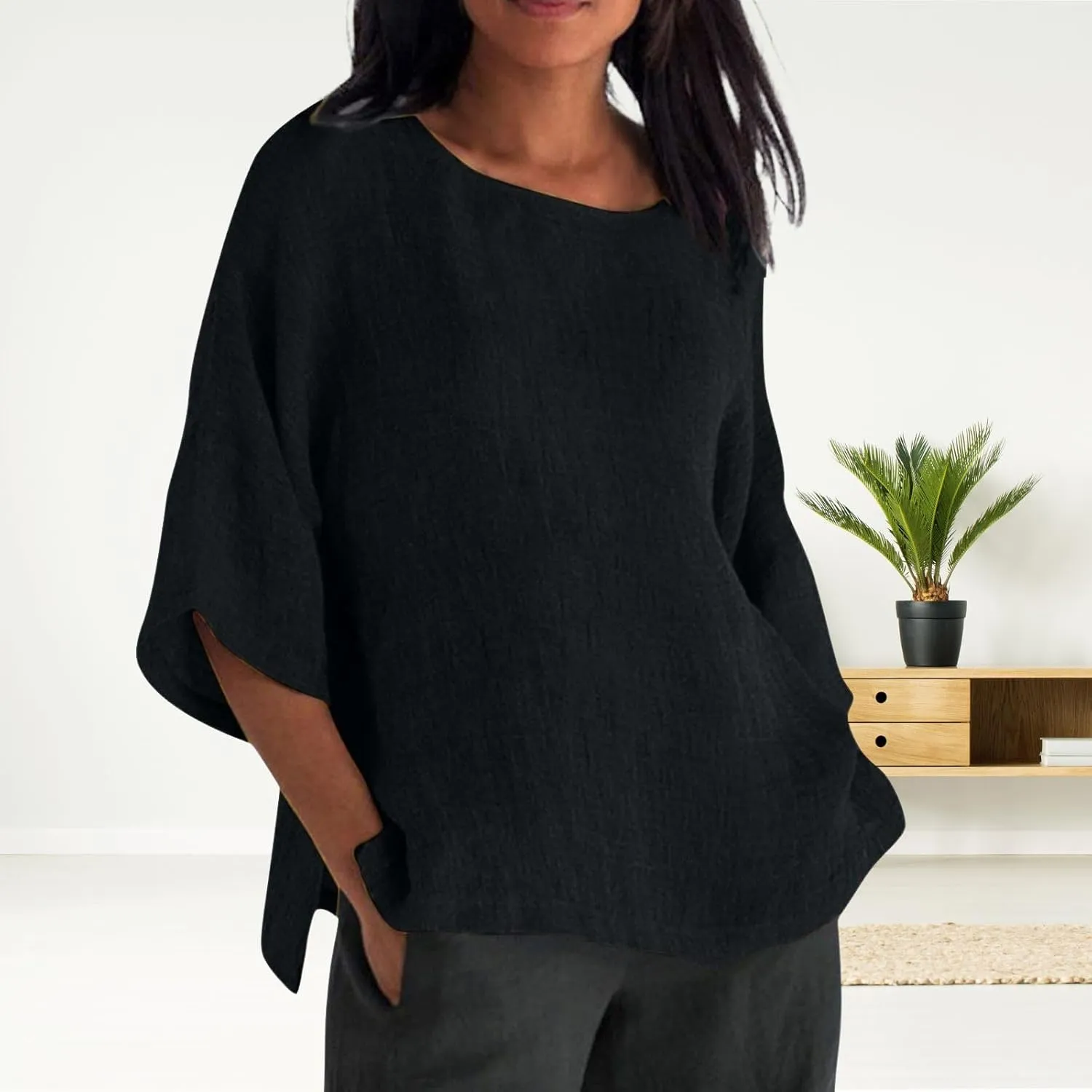 Cotton Linen Shirts for Women Summer Casual Crewneck Pullover Tops Comfy Loose Women's Short Sleeve T Shirt