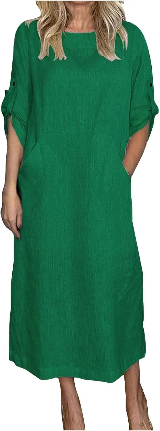 Cotton Linen Summer Dress for Women Short Sleeve Casual Crewneck Dresses Fashion Solid Color Dress with Pockets