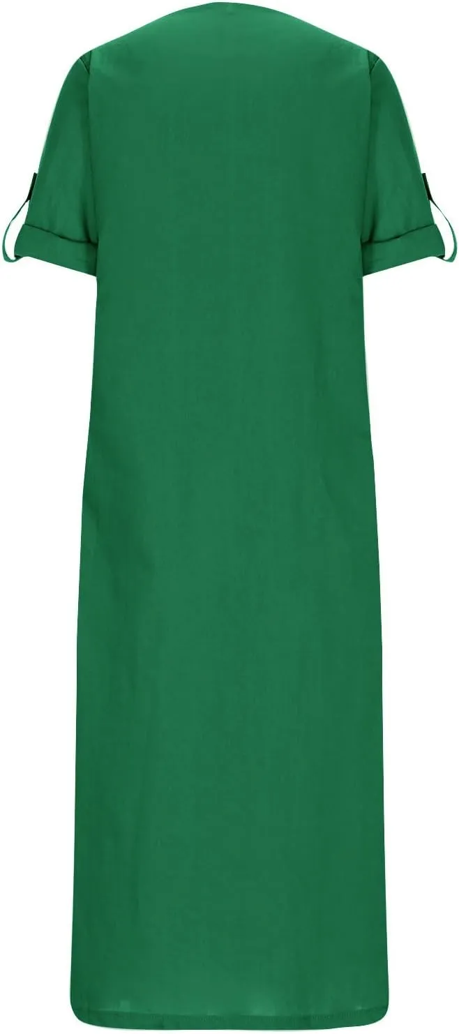 Cotton Linen Summer Dress for Women Short Sleeve Casual Crewneck Dresses Fashion Solid Color Dress with Pockets