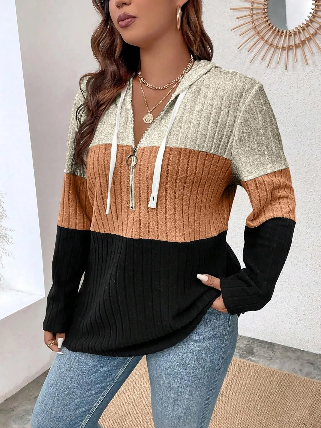 COZYEASE Women's Plus Size Colorblock Half Zip Hoodies Ribbed Knit V Neck Long Sleeve Pullover Sweater