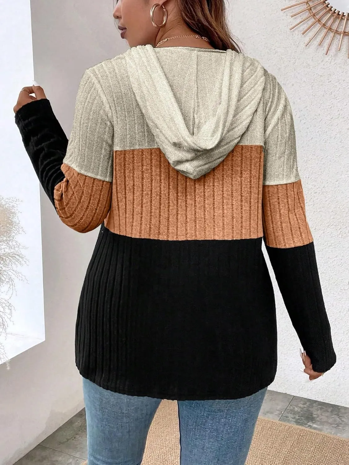 COZYEASE Women's Plus Size Colorblock Half Zip Hoodies Ribbed Knit V Neck Long Sleeve Pullover Sweater