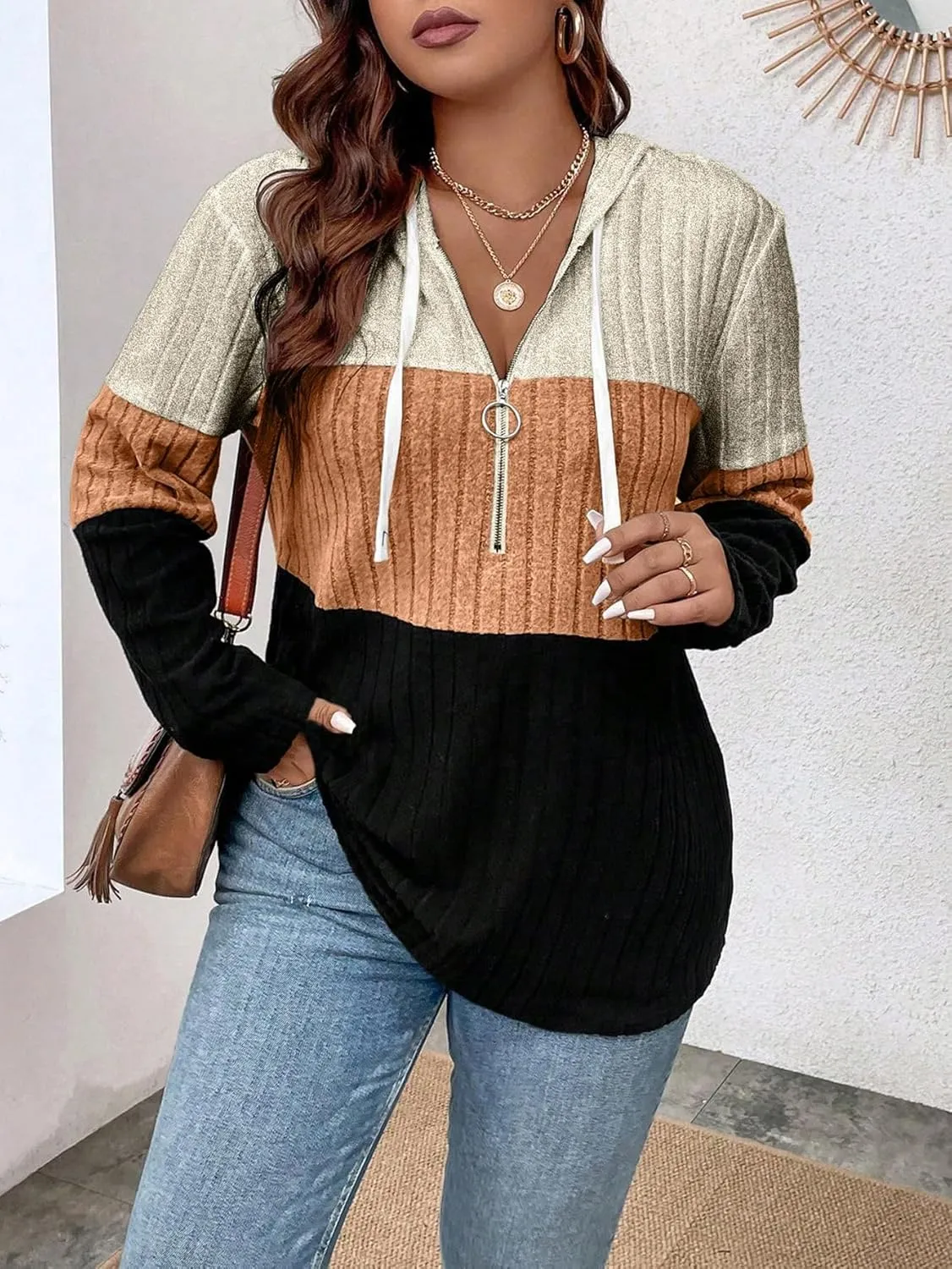 COZYEASE Women's Plus Size Colorblock Half Zip Hoodies Ribbed Knit V Neck Long Sleeve Pullover Sweater