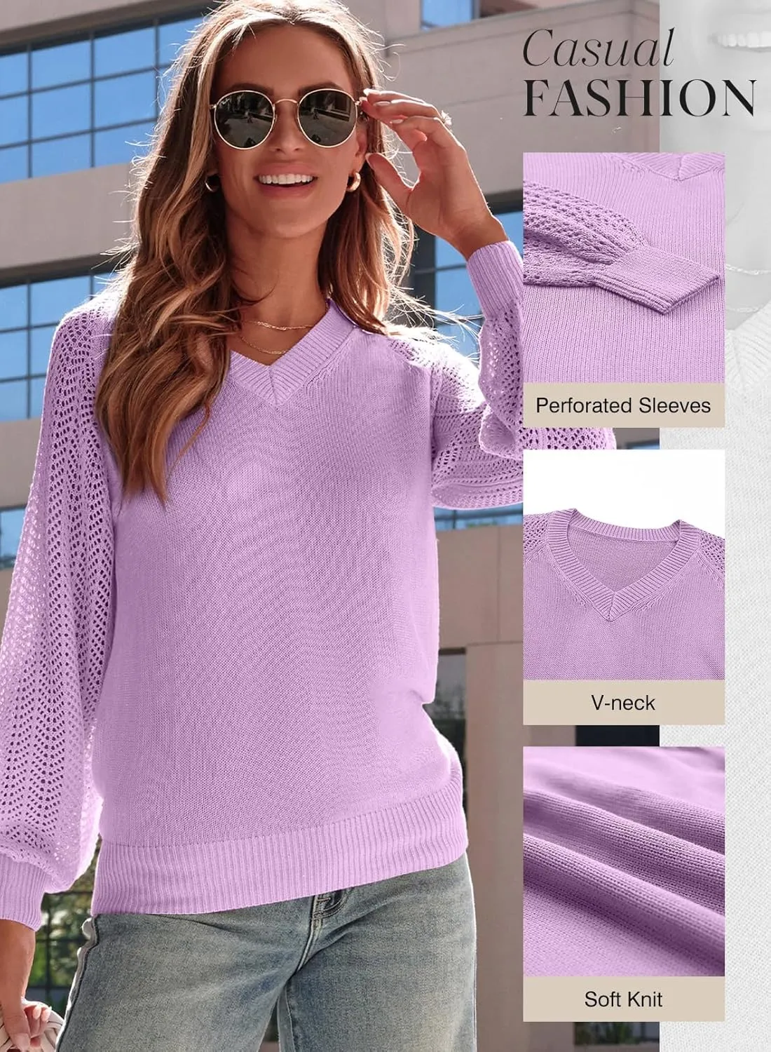 Dokotoo Women's Casual V-Neck Long Sleeve Sweaters Solid Color Pullover Knit Sweater Jumper Tops