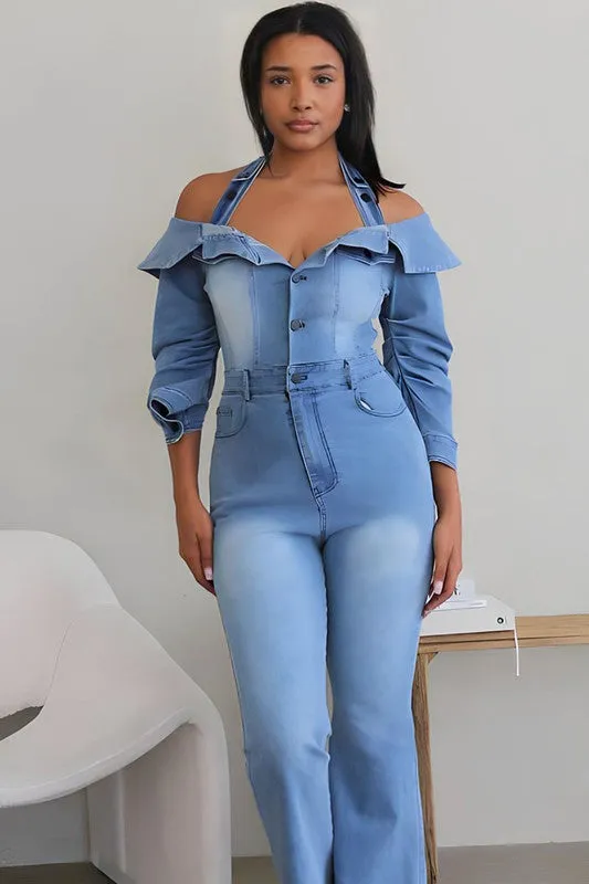 EM LIGHT WASHED OFFSHOULDER DENIM JUMPER