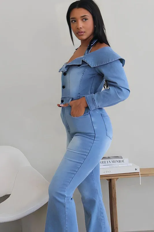 EM LIGHT WASHED OFFSHOULDER DENIM JUMPER