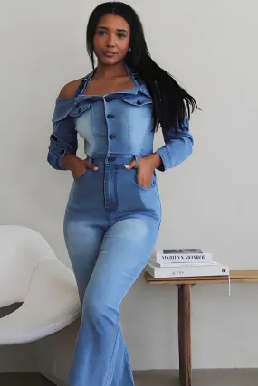 EM LIGHT WASHED OFFSHOULDER DENIM JUMPER