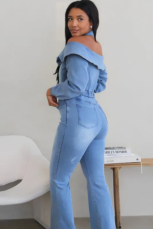 EM LIGHT WASHED OFFSHOULDER DENIM JUMPER