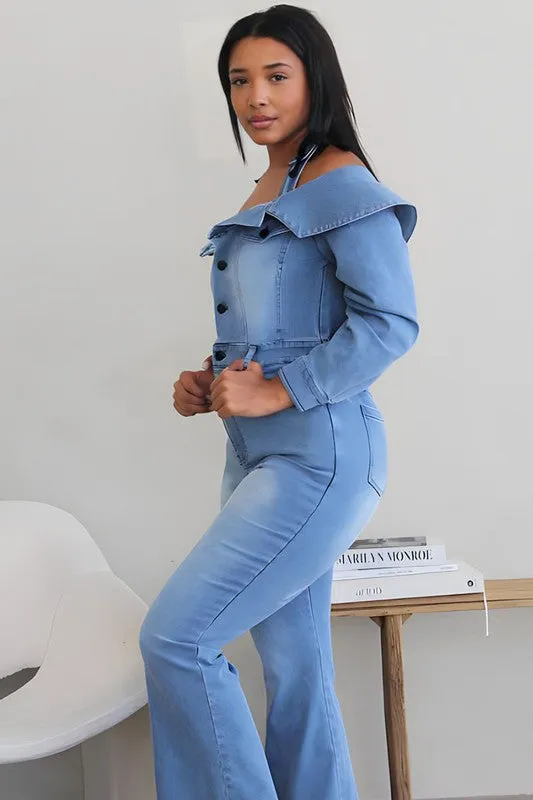 EM LIGHT WASHED OFFSHOULDER DENIM JUMPER
