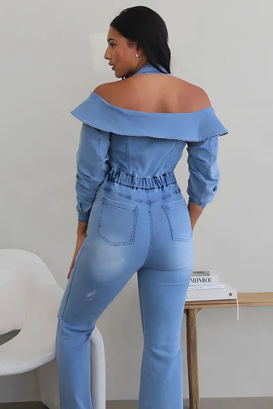 EM LIGHT WASHED OFFSHOULDER DENIM JUMPER