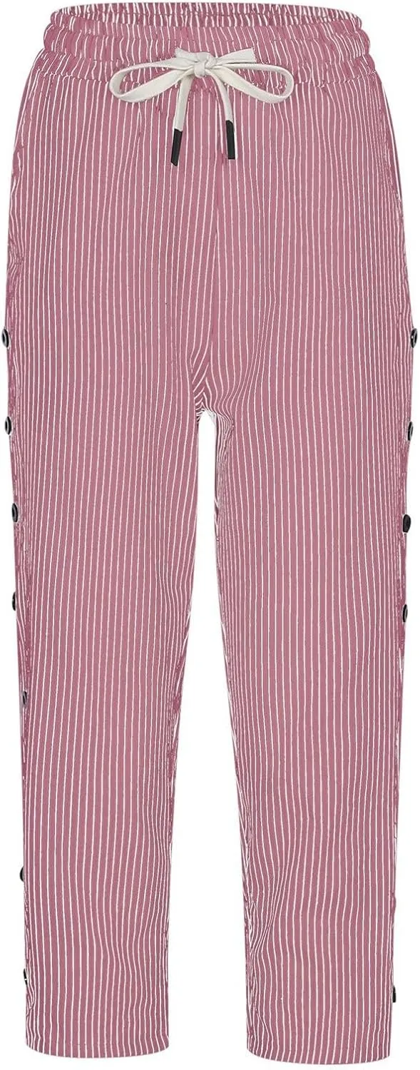 fanmpghleoo Linen Capris for Women Cropped Drawstring Linen Striped Pants Loose Fit Comfy Wide Leg Lounge Pants with Pockets