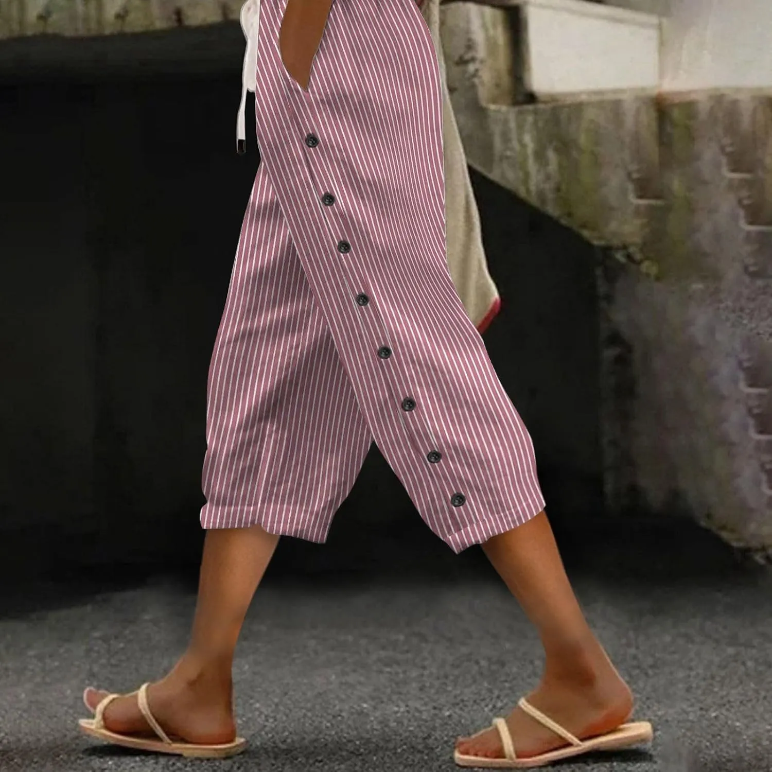 fanmpghleoo Linen Capris for Women Cropped Drawstring Linen Striped Pants Loose Fit Comfy Wide Leg Lounge Pants with Pockets