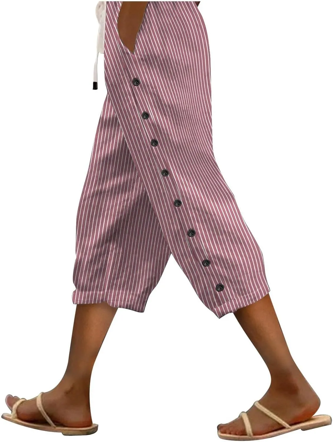 fanmpghleoo Linen Capris for Women Cropped Drawstring Linen Striped Pants Loose Fit Comfy Wide Leg Lounge Pants with Pockets