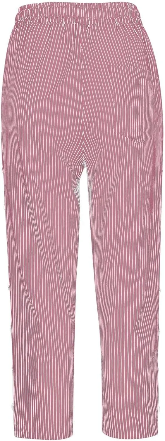 fanmpghleoo Linen Capris for Women Cropped Drawstring Linen Striped Pants Loose Fit Comfy Wide Leg Lounge Pants with Pockets