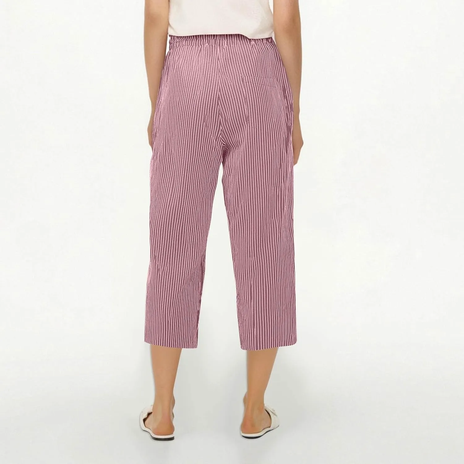 fanmpghleoo Linen Capris for Women Cropped Drawstring Linen Striped Pants Loose Fit Comfy Wide Leg Lounge Pants with Pockets