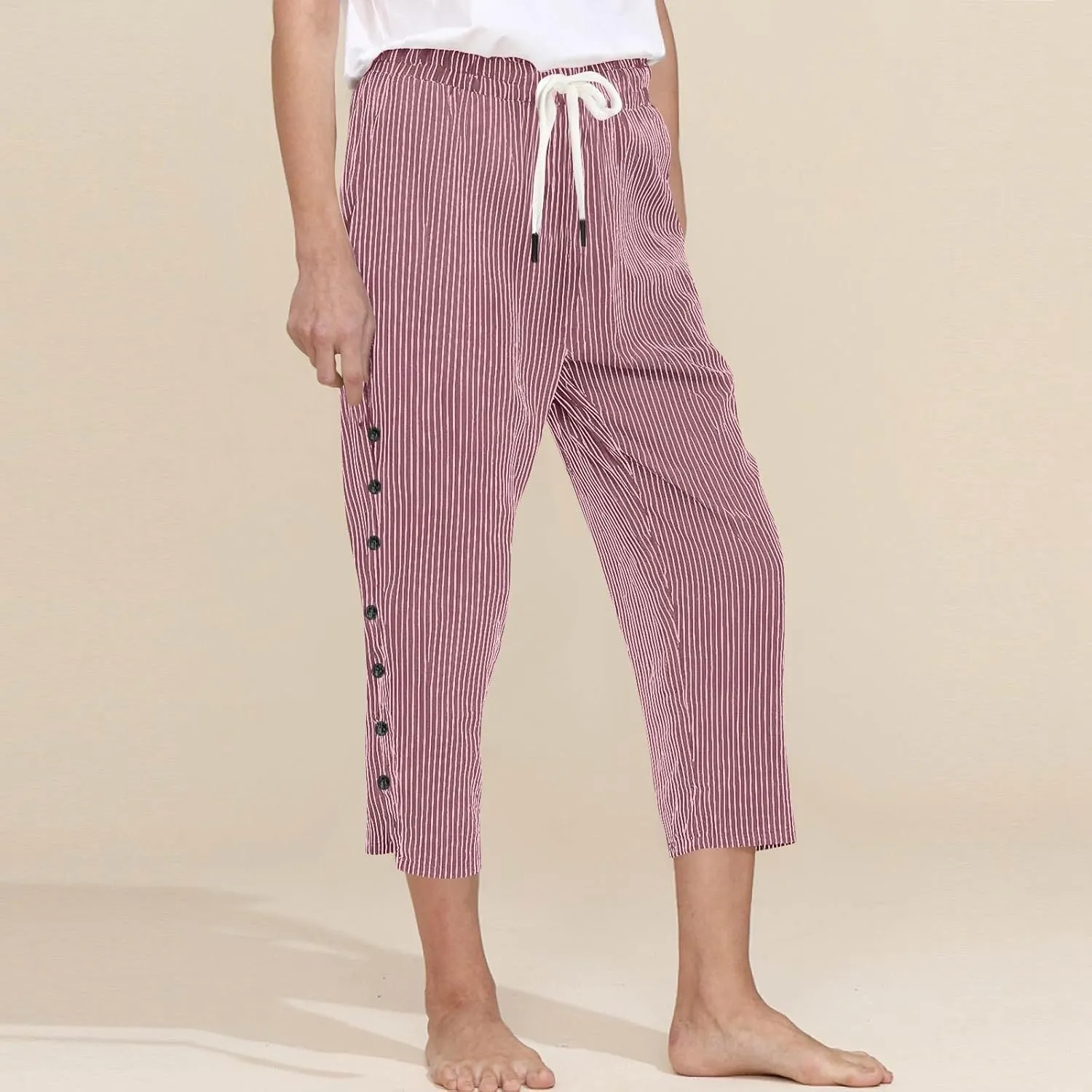 fanmpghleoo Linen Capris for Women Cropped Drawstring Linen Striped Pants Loose Fit Comfy Wide Leg Lounge Pants with Pockets