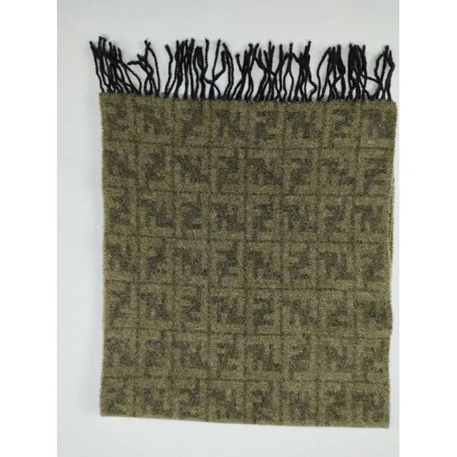 Fendi Olive Tan Zucca Print Logo Cashmere Scarf
