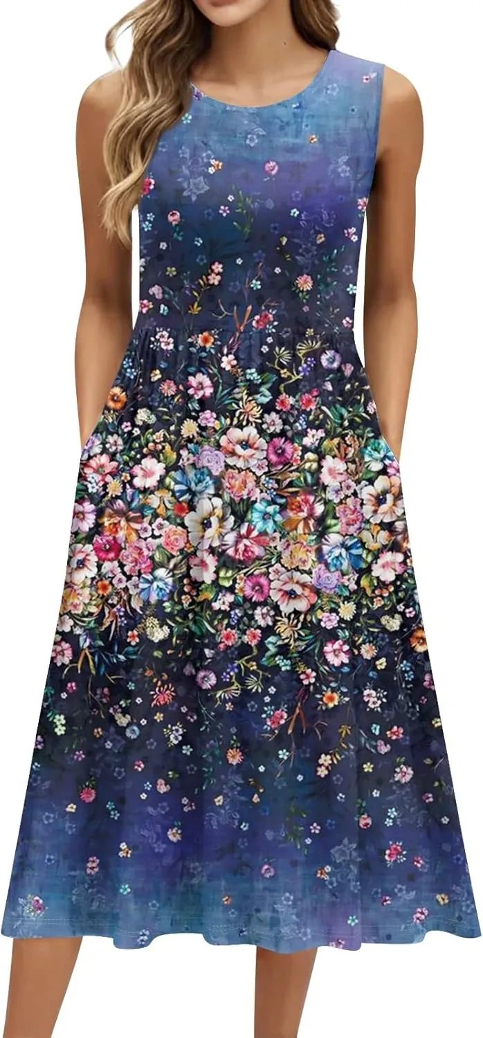 Floral Dress for Women 2025 Elegant Casual A Line Flowy Crew Neck Sleeveless Sundresses Elegant Lightweight Dress with Pocket