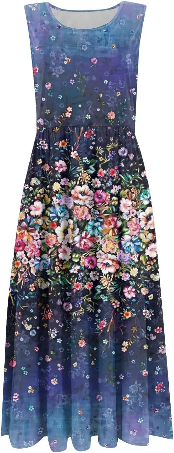 Floral Dress for Women 2025 Elegant Casual A Line Flowy Crew Neck Sleeveless Sundresses Elegant Lightweight Dress with Pocket