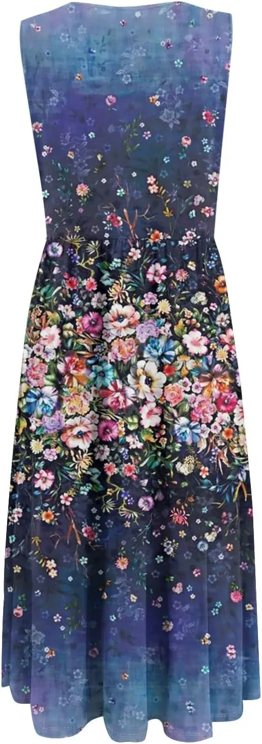 Floral Dress for Women 2025 Elegant Casual A Line Flowy Crew Neck Sleeveless Sundresses Elegant Lightweight Dress with Pocket