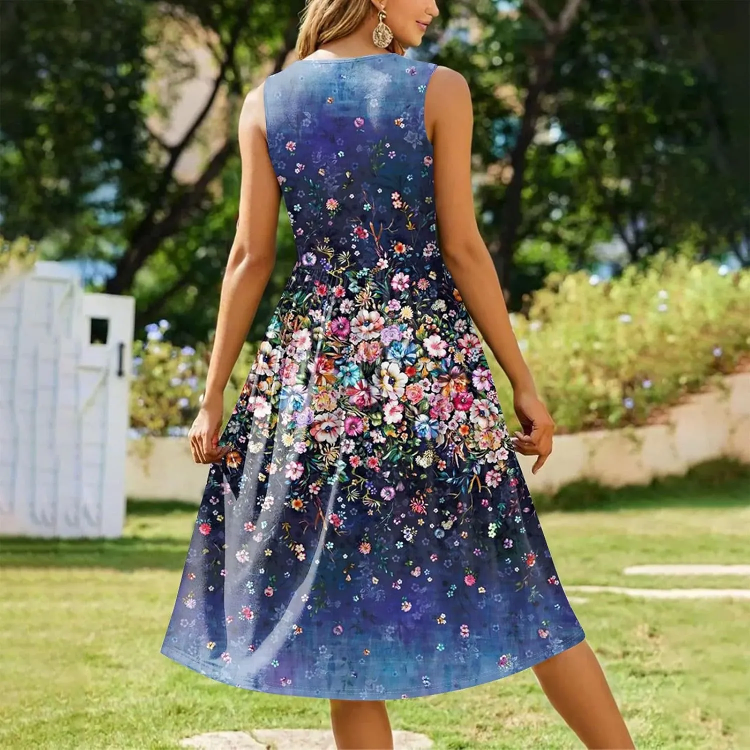 Floral Dress for Women 2025 Elegant Casual A Line Flowy Crew Neck Sleeveless Sundresses Elegant Lightweight Dress with Pocket