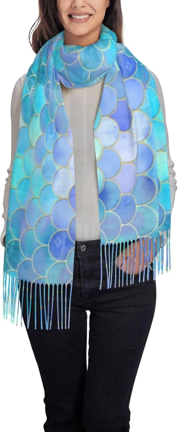 Gold Mermaid Scale Print Tassel Scarf Classic 77.6" X 28.3" Warm Winter Shawl Scarf Women Head Neck Scarf