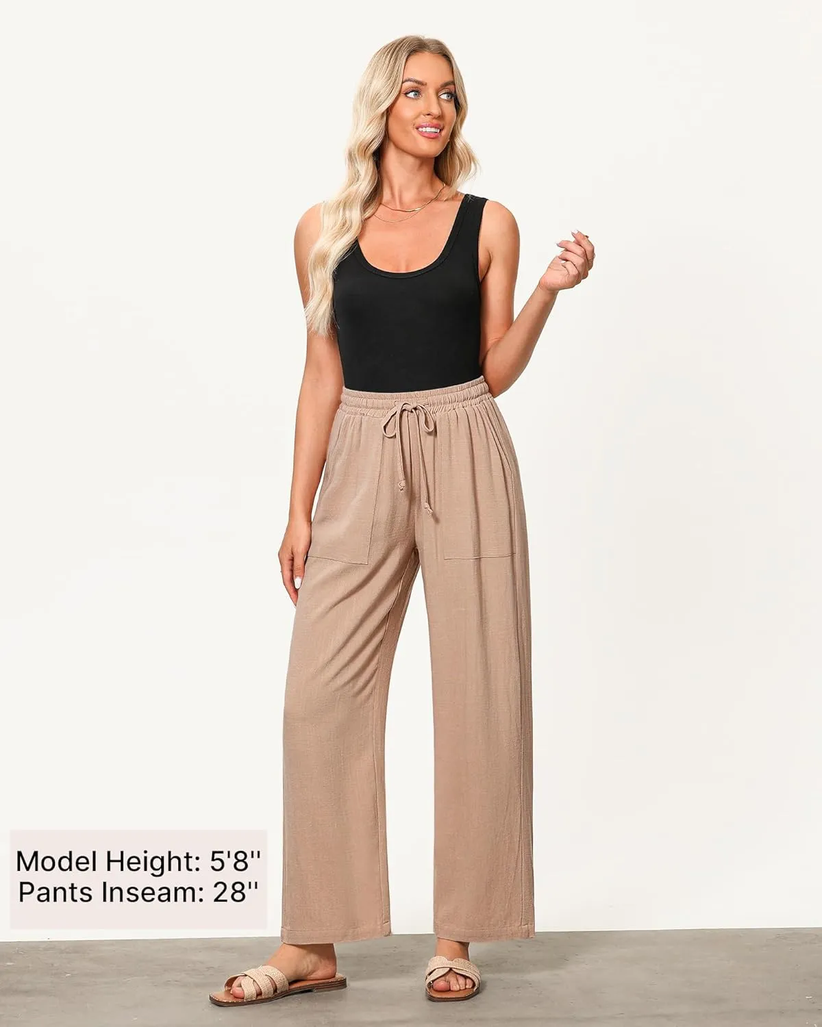 GRAPENT Linen Pants for Women Wide Leg High Waisted Baggy Drawstring Elastic Waist Palazzo Trousers Pants with Pockets